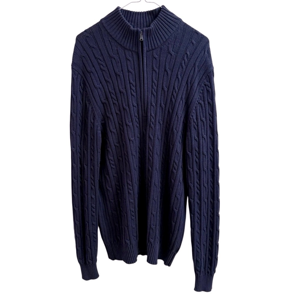 IZOD Men’s Quarter Zip Cable Knit Sweater Size Large L Navy Blue Mock Neck